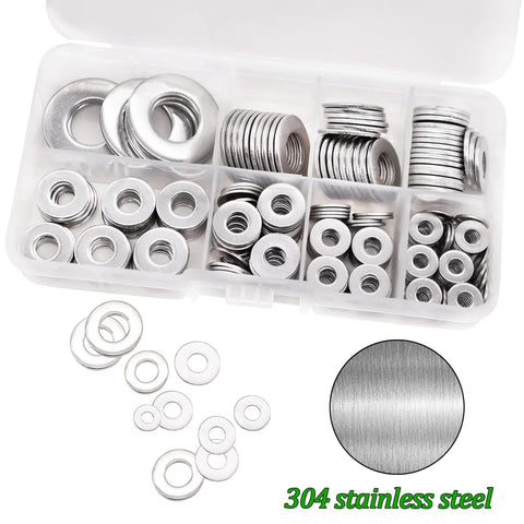 270-piece 304 stainless steel flat washers assortment in clear plastic case; 8 sizes (1/2, 3/8, 5/16, 1/4, #12, #10, #8, #6)