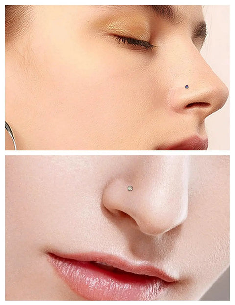 Close-up of two nostril piercings featuring Five Pack 18g ASTM F136 Titanium Nose Studs With Vibrant Opal Tops For Nostril Piercings.