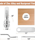 Heavy Duty Cabinet Locks With Keys Two Pack Long Cam Style showing 90-degree zinc alloy lock with mounting screws and wood panel.