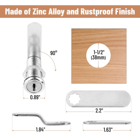 Heavy Duty Cabinet Locks With Keys Two Pack Long Cam Style showing 90-degree zinc alloy lock with mounting screws and wood panel.