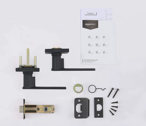 Contemporary Stamford Matte Black Passage Door Lever With Easy Installation And Reversible Handle hardware kit layout