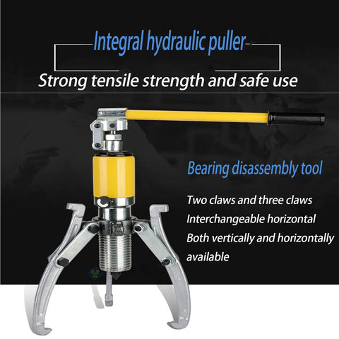 Heavy Duty Hydraulic Bearing Puller With 10 Ton Capacity For Knuckle Saver Auto Repair vertical and horizontal gear extractor tool with yellow handle.