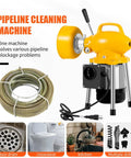 Heavy Duty Electric Drain Cleaning Machine With Badass Flexible Snake Cable And Complete Accessory Kit, yellow auger with steel coil.