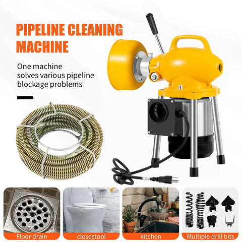 Heavy Duty Electric Drain Cleaning Machine With Badass Flexible Snake Cable And Complete Accessory Kit, yellow auger with steel coil.