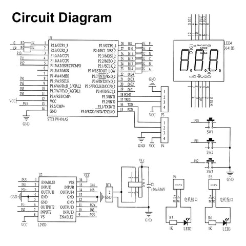 DIY Electronic Car Kit With Infrared Sensor Ultrasonic Module And Motorized Chassis Hands On Robot Practice Set Including PCB Components And Wiring For Fun Experiments Teaching Circuitry And Coding circuit diagram with STC15W401AS chip, L293D, display, switches, and motor outputs
