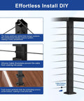 36 Inch Cable Railing Corner Post Three Side Drilled Surface Mount End Post for 90 Degree Turns Stainless Steel Black Handrail