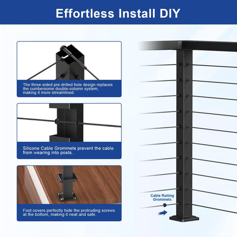 36 Inch Cable Railing Corner Post Three Side Drilled Surface Mount End Post for 90 Degree Turns Stainless Steel Black Handrail