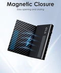 Open RFID Blocking Wallet For Men With Pop Up Card Holder And Trifold Slim Design showing magnetic closure in carbon fiber