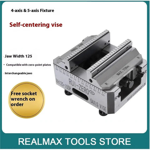 Premium Pneumatic Machining Center Vise With Four And Five Axis Self Centering Quick Swap Zero Point Bench Fixture showing jaw width 125.