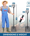 Farmer holding 61 Inch Heavy Duty Sifter Shovel For Chicken Coops And Garden Soil Cleanup, showing dimensions and ergonomic handle.
