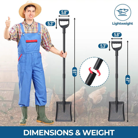 Farmer holding 61 Inch Heavy Duty Sifter Shovel For Chicken Coops And Garden Soil Cleanup, showing dimensions and ergonomic handle.