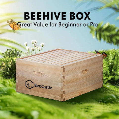 8 Frame Deep Brood Bee Hive Box For Langstroth Hives With Precut Dovetail Joints in garden setting, side view