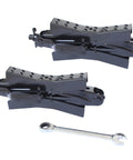 Two Pack Tandem Wheel Chock Stabilizers With Scissor Locking Design Expand From Three Point Five Inches To Twelve Inches To Prevent Wheel Shifts For Campers Trucks Travel Trailers Fifth Wheels And RVs, shown with a wrench