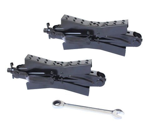 Two Pack Tandem Wheel Chock Stabilizers With Scissor Locking Design Expand From Three Point Five Inches To Twelve Inches To Prevent Wheel Shifts For Campers Trucks Travel Trailers Fifth Wheels And RVs, shown with a wrench