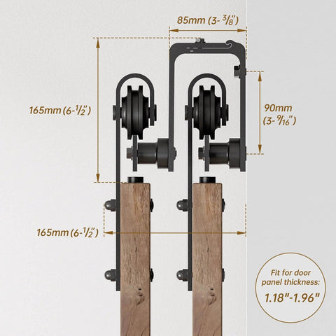 Diagram showing 7Ft Low Ceiling Bypass Sliding Barn Door Hardware Kit with Double Track for Double Wooden Doors Black Finish