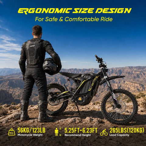 Heavy Duty 16000 Watt Electric Dirt Bike For Adults, Real 72 Volt 40 Amp with rider atop rocky terrain.