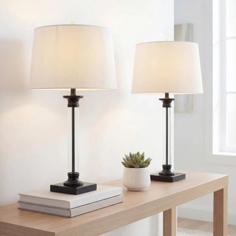 Two Pack 30 Inch Table Lamps In Black And Clear Glass With Metal Column Base And White Linen Drum Shade, Classic Iron Look, LED Bulbs Included, ETL Listed For Safe Living Room Or Bedroom Lighting.