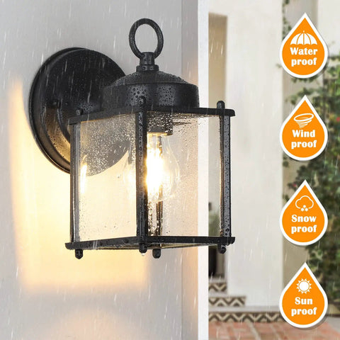 Heavy Duty Outdoor Wall Lanterns Waterproof Exterior Sconces With Beveled Glass in rain, black metal, clear light, front door use.