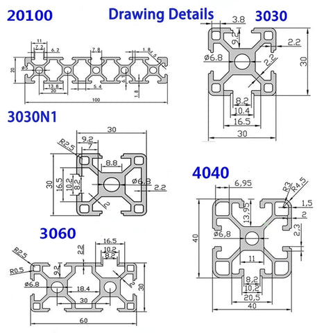 Legit Heavy Duty Aluminum T Slot Extrusion Rails Linear Motion Guides dimensions and details for various profiles 20100, 3030, 3030N1, 4040, 3060.