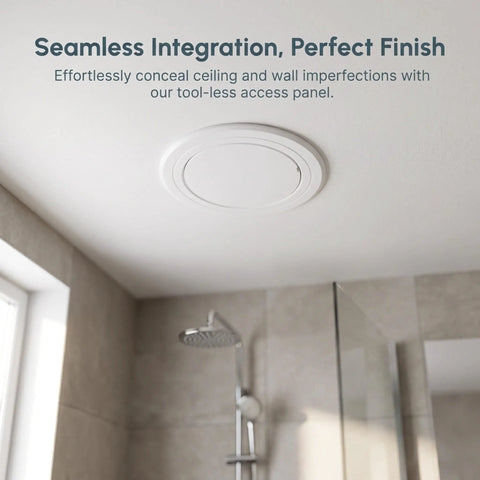 No Fuss Peel And Stick White Round Plumbing Access Panel With Super Secure Grip Removable Abs Pipe Hole Cover For Ceiling And Drywall Six Inch No Drill Quick Swap on a ceiling, showing seamless integration.
