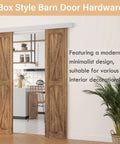 Box style barn door with heavy duty aluminum track in a kitchen setting featuring modern minimalist design.