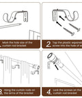 Illustration showing installation steps for the Heavy Duty Adjustable Curtain Rod Set 1 Inch Diameter Splicing Matte Black Extra Long 30 To 144 Inches Fits 30 To 142 Inch Windows Nine Piece Connectors Holds Up To 33 Pounds