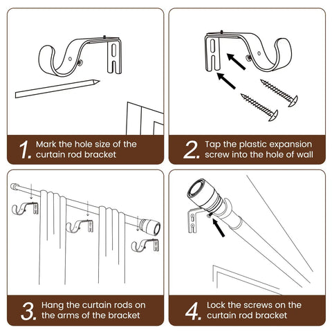 Illustration showing installation steps for the Heavy Duty Adjustable Curtain Rod Set 1 Inch Diameter Splicing Matte Black Extra Long 30 To 144 Inches Fits 30 To 142 Inch Windows Nine Piece Connectors Holds Up To 33 Pounds