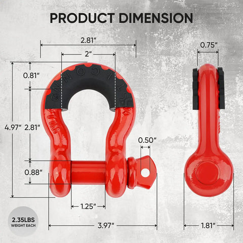 Beefy Two Pack D Ring Shackle 7/8 Inch Screw Pin 57,000 Lbs Break Strength dimensions with isolator washers