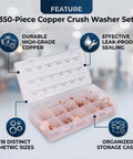 Go-To Copper Crush Washer Set Kit 350 Pcs in 18 Sizes for Automotive, Marine, Plumbing and Oil Drain Plug Seals - Pro Grade Copper Gasket Assortment for Premium Material Washers. Open case with labeled copper washers