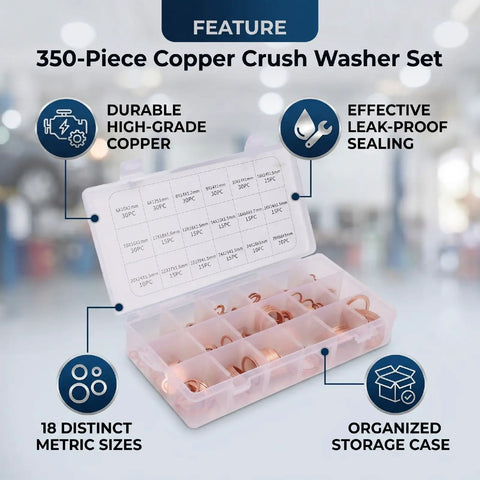 Go-To Copper Crush Washer Set Kit 350 Pcs in 18 Sizes for Automotive, Marine, Plumbing and Oil Drain Plug Seals - Pro Grade Copper Gasket Assortment for Premium Material Washers. Open case with labeled copper washers