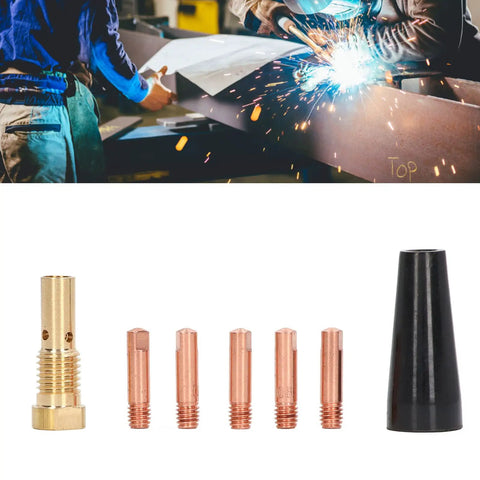 Image of Pro Grade MIG Gun Gasless Welding Accessories Kit 7 Piece Set including copper tips and gasless nozzle for industrial use.