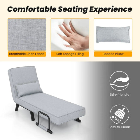 4-In-1 Convertible Sofa Bed Sleeper Chair With 6-Position Adjustable Backrest, Pillow, Metal Legs, Linen Upholstery