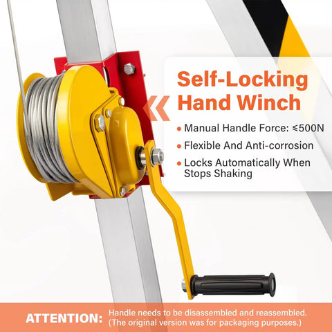 Rugged Pro Grade Confined Space Tripod Kit With 1200Lbs Lifting Hoist Winch, close-up of yellow self-locking hand winch.