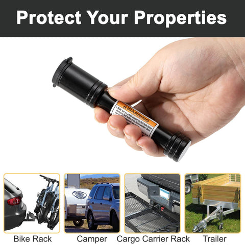 Hand holding Black Five Eighths Inch Hitch Pin Lock With Keys For Two Inch Receiver Anti Theft Trailer Hitch Pin Keyed Alike