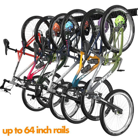 Six Bike Storage Rack With Five Hooks For Garage Wall Mount Vertical Bicycle Hanger Heavy Duty Space Saver Up To 600 Lbs 64 Inch Rails Snap On Rail System holding six bikes