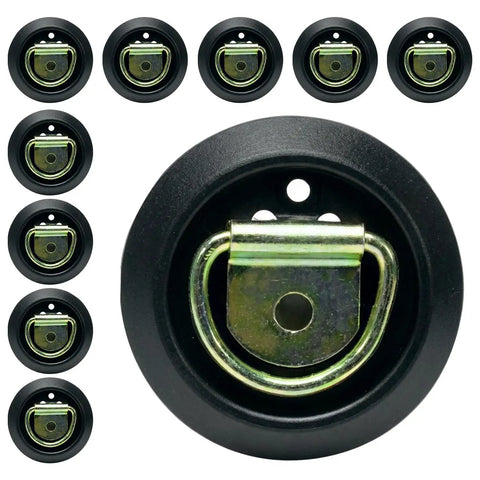 Heavy Duty Flush Mount D Rings 10 Pack Slick Flat Fit Rock Solid Galvanized Steel trailer cargo tie downs showing round anchors.