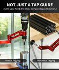 Desktop Tapping Arm With 90 Degree Vertical Tap Guide Jig drilling vertically and horizontally on aluminum extrusions.