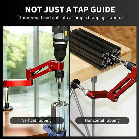 Desktop Tapping Arm With 90 Degree Vertical Tap Guide Jig drilling vertically and horizontally on aluminum extrusions.