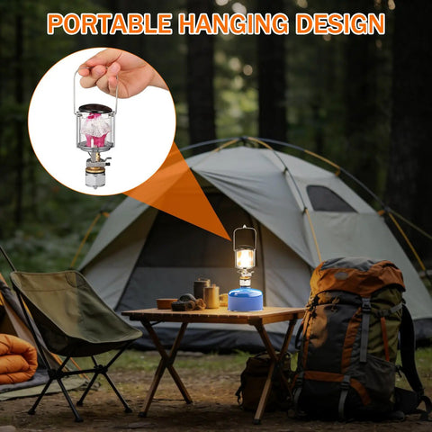 Portable Propane Gas Lantern For Camping With Copper And Stainless Steel Construction illuminating a campsite table