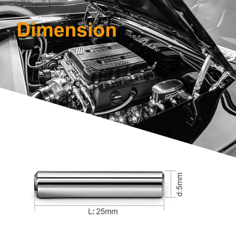 Heavy-Duty 25Pc Stainless Steel Dowel Pins Set, 5mm Diameter By 25mm Length, 304 Grade, shown with engine backdrop