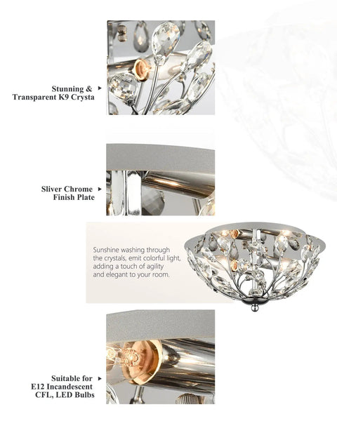 12 Inch Crystal Ceiling Light Two Light Modern Chrome Flush Mount Fixture with K9 Crystal for Dining Room and Living Room