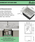 Diagram and dimensions of Undermount 14 Inch Stainless Steel Bar Sink With Deep 10 Inch Bowl 16 Gauge T304 Workstation Kitchen Sink