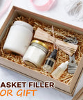 Gift box with 2 Lb Kraft Crinkle Paper Filler Brown Shredded Paper for Gift Baskets featuring candles and small bottles.