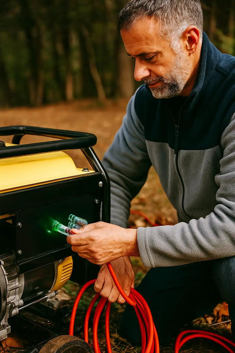 Person using heavy duty 50 foot 10/3 extension cord with triple tap and lighted ends 15 amp 1875 watt power cable
