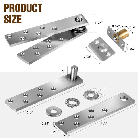 Product size diagram of Hidden Door Pivot Hinges for Wood Doors, Heavy Duty Stainless Steel 200 Lb Load, Concealed Bookcase Cabinet Door Hinges.