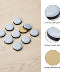 PTFE Furniture Sliders For Hardwood Floors Tile And Laminate Low Profile Heavy Duty Movers set on wood surface with details
