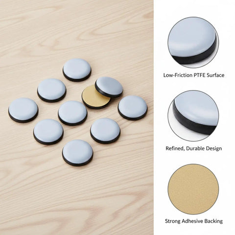 PTFE Furniture Sliders For Hardwood Floors Tile And Laminate Low Profile Heavy Duty Movers set on wood surface with details