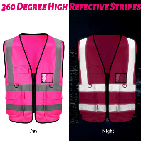 Split view of day and night visibility of Pink High Visibility Safety Vests With Reflective Strips 10 Pack For Construction Volunteers