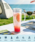 40 Oz Clear Double Wall Acrylic Tumbler With Handle And Straw Lid Reusable Water Bottle Fits Cup Holders BPA Free Top Shelf Sipper at beach picnic.