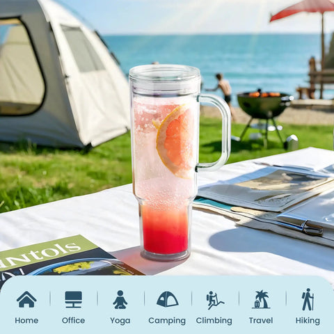 40 Oz Clear Double Wall Acrylic Tumbler With Handle And Straw Lid Reusable Water Bottle Fits Cup Holders BPA Free Top Shelf Sipper at beach picnic.